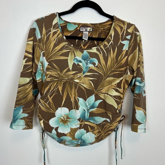 Vintage Caribbean Joe Tropical Hibiscus Print Ruched Sode Tee sz Md Vacation - Picture 1 of 10